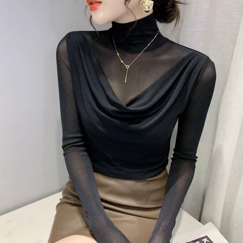 Европейский топ с высоким воротом из сетки с длинными рукавами - Женская облегающая осенняя рубашка