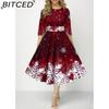 Women's Fashion Summer Spring Solid Color Print 3/4 Sleeve O-Neck  Casual Dresses