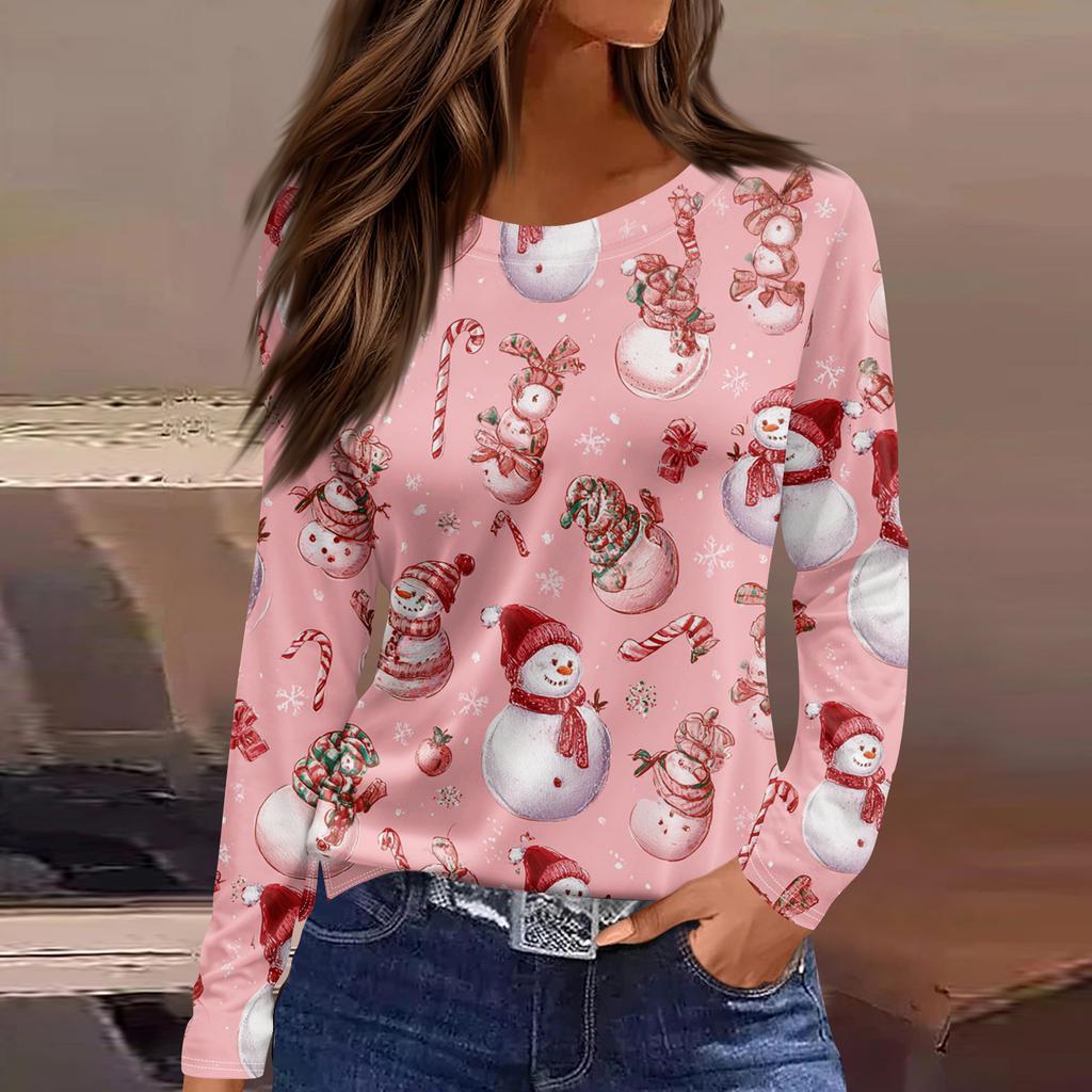 Women's Fashion Hem Slit Casual Christmas Printed Round Neck Long Sleeve Top