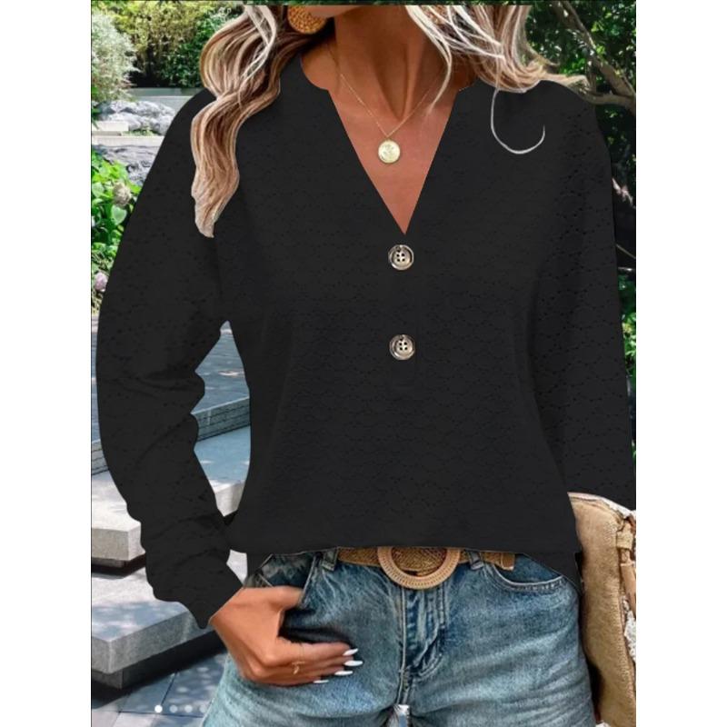 V-neck Solid Color Women's Shirt Button Decor Stylish Hollow Out Blouses Loose Fit Long Sleeve Autumn Female Clothing