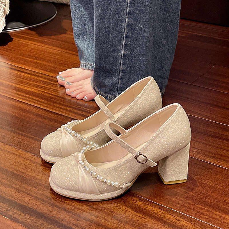 Mary Jane High Heels Women's Skirt Beautiful Thick Heel Single Shoes He Xiu Main Wedding Dress Bridesmaids Bride Engagement Shoes Women