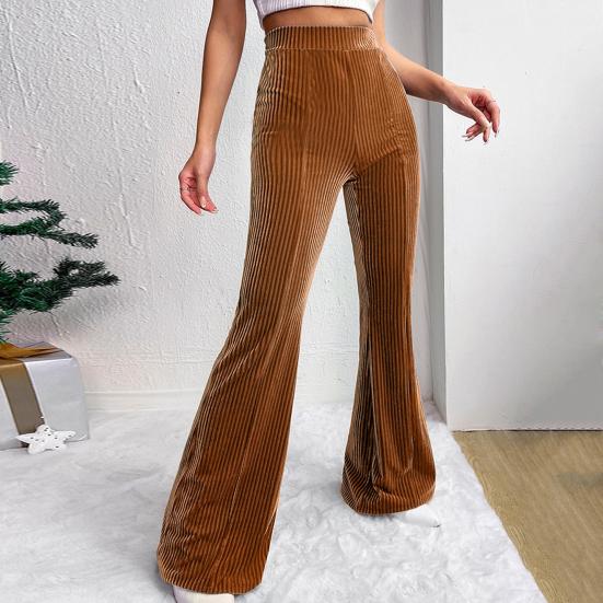 Women Corduroy Pants Elastic High Waist Flared Leg Long Trousers Solid Color Autumn Winter Casual Pants Daily Wear