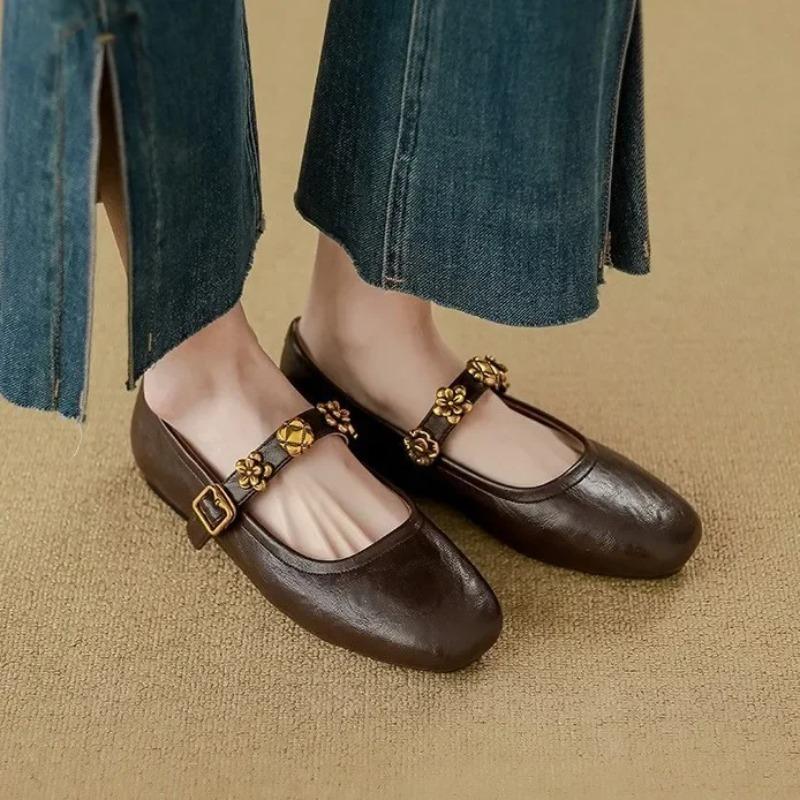Fashion French Style Flat Ballet Shoes Women's Mango Head Soft Retro Mary Jane Shoes Leather Version Low Heel Round Toe Rubber Sole