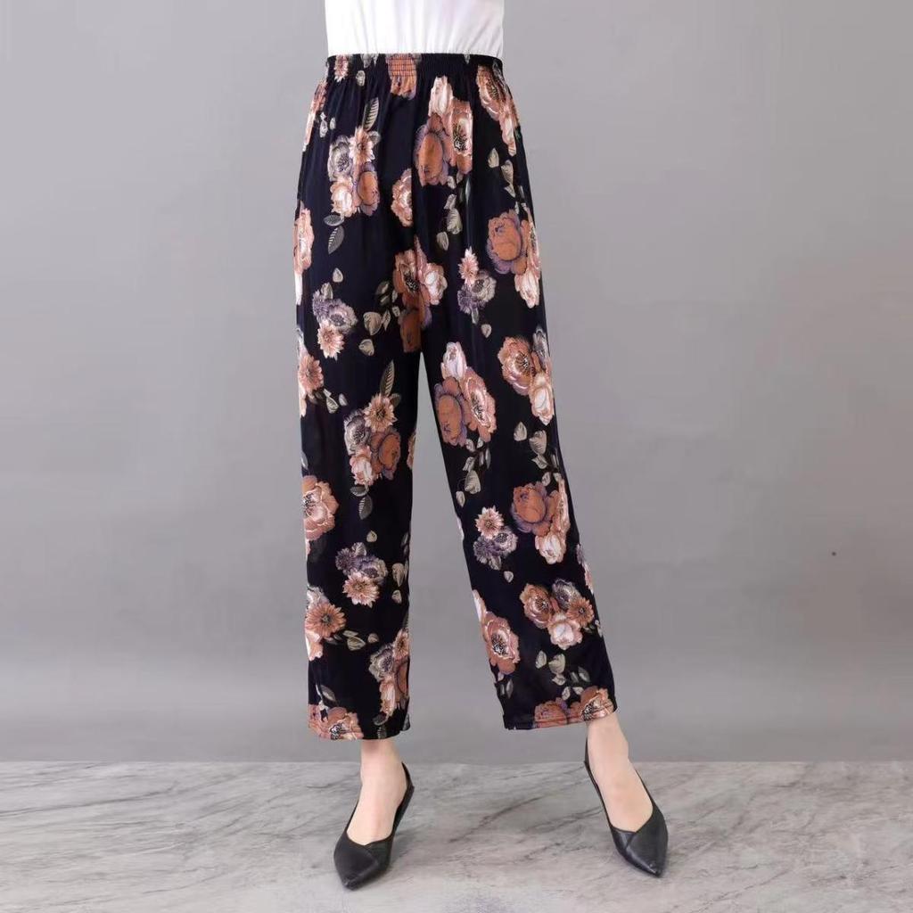 Casual Summer Women's Plus Size Ice Silk Stretch Pants - Loose, High Elastic Waist for Middle-Aged and Elderly