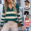 Autumn and Winter Women's Pullover Sweater Stripe Splicing PLOL Collar Large Size Sweater Knitwear