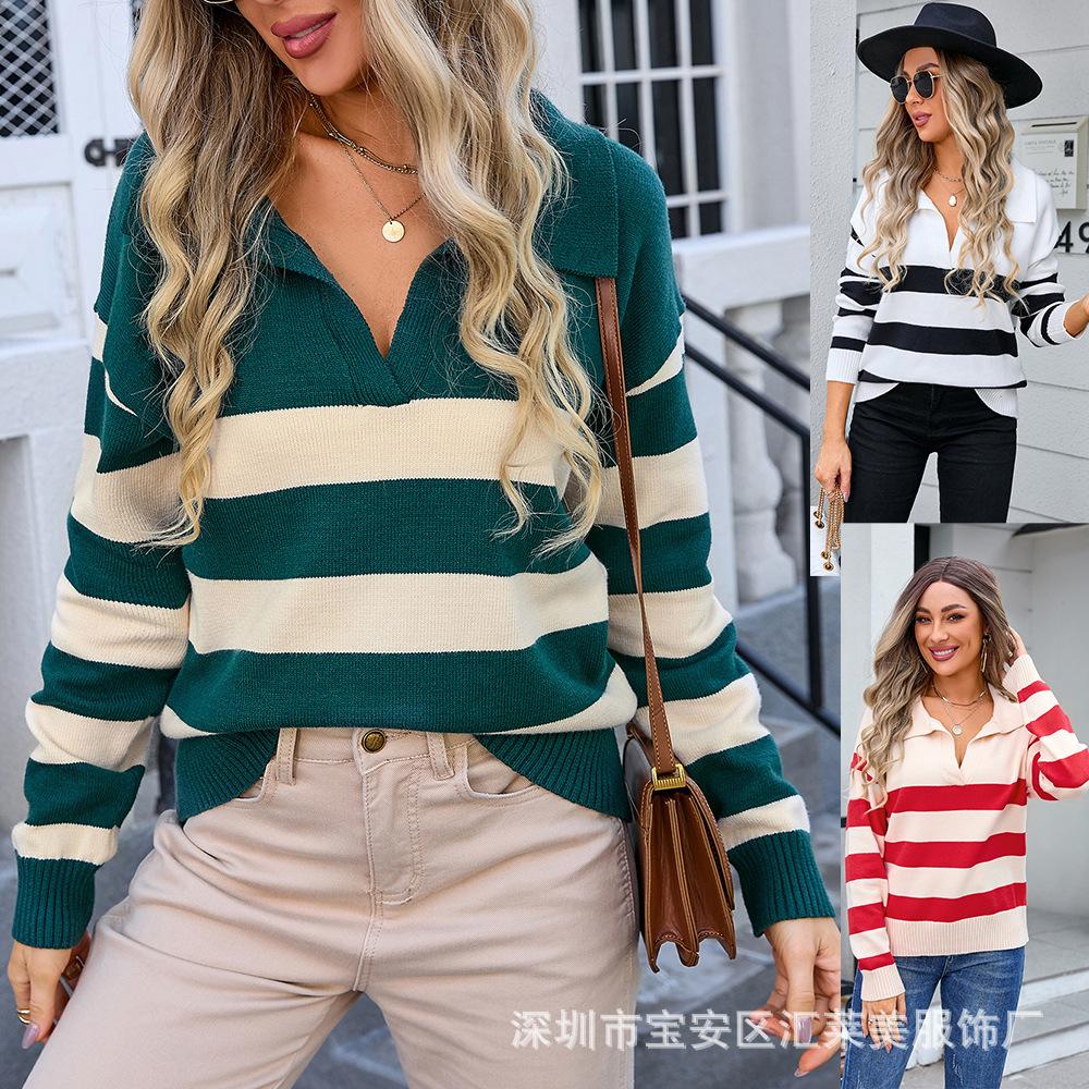 Autumn and Winter Women's Pullover Sweater Stripe Splicing PLOL Collar Large Size Sweater Knitwear