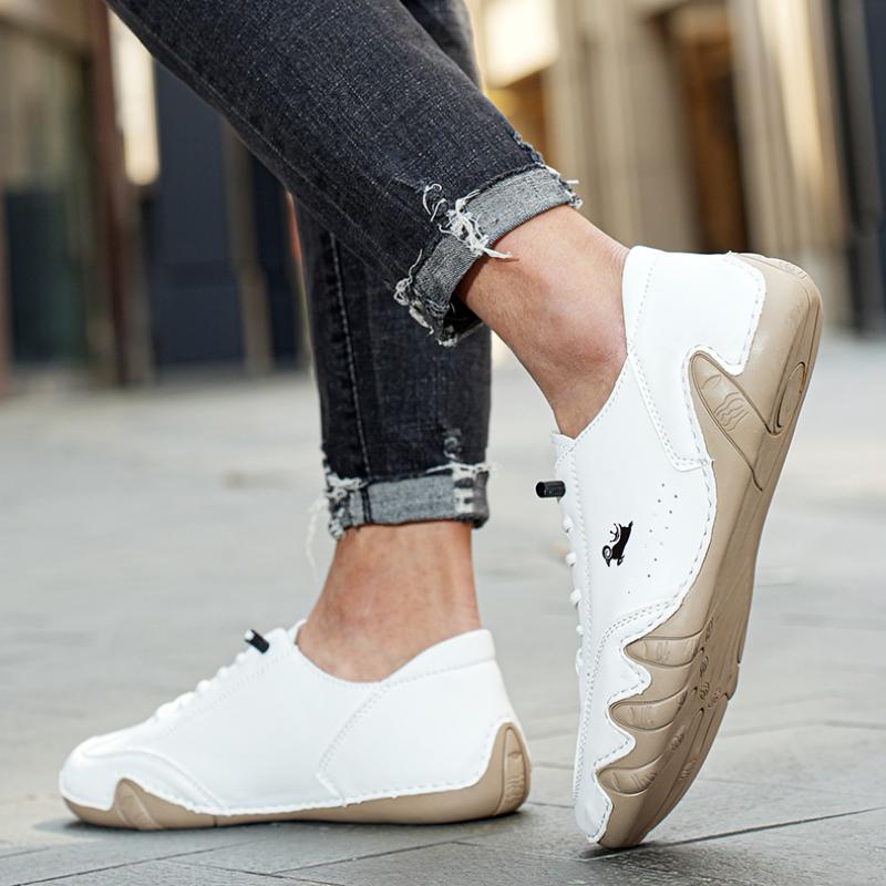 Men's Sports and Leisure Shoes White Leather Flat Bottomed Student Walking Shoes Non Slip and Lightweight One Foot Tennis Shoes