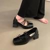 French Square Head Ballet Single Shoes Small Leather Shoes 2025 New Bow Light Mouth Retro Thick Heel Mary Jane Shoes Women