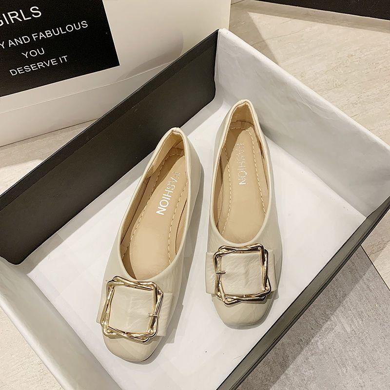 Spring Women's Flat Sole Single Shoe with Front Buckle Flat Heel Round Head Breathable and Versatile Black Fairy Soft Sole Bean Shoes