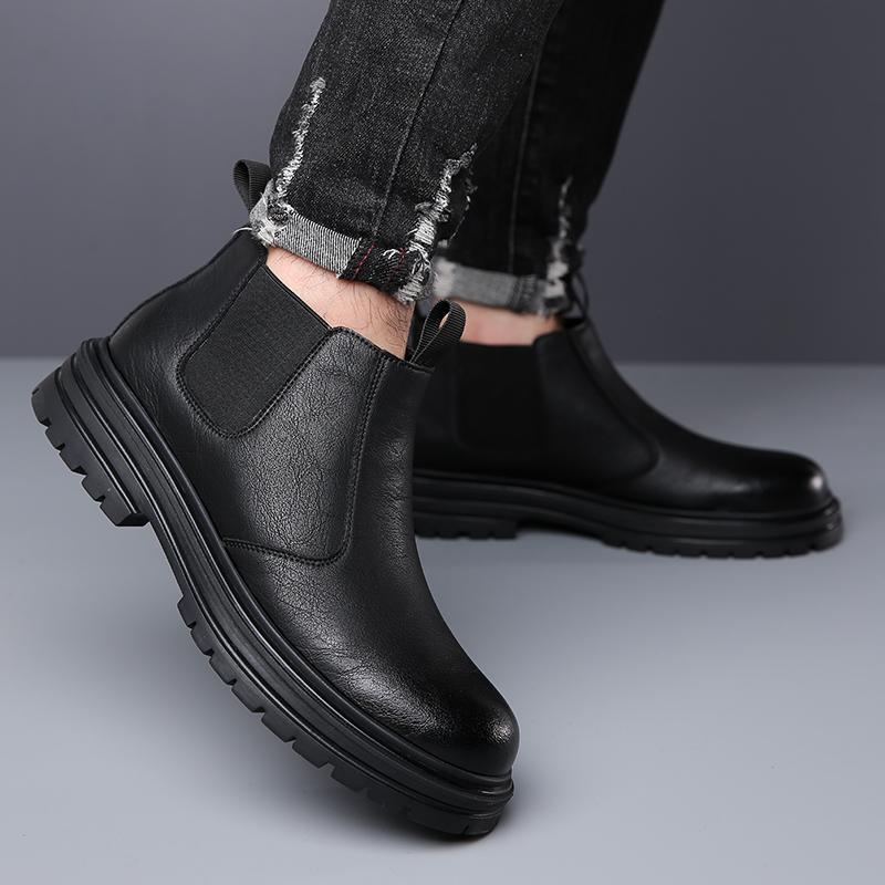 Men Business Short Boots Fashion Platform Ankle Thick Soled Boots New Male Leather Motorcycle Boots Slip On Casual Chelsea Shoes