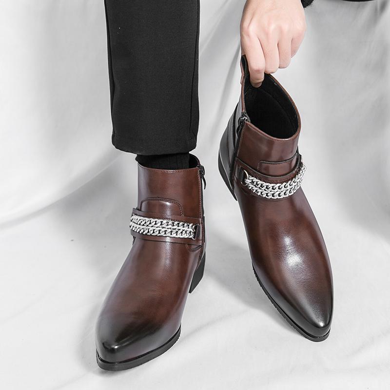 Fashion Autumn Brand Men Metal Cool Breathable Leather Boots British Style Mens Comfortable Pointed Side Zipper Knight Boots Horse Boots