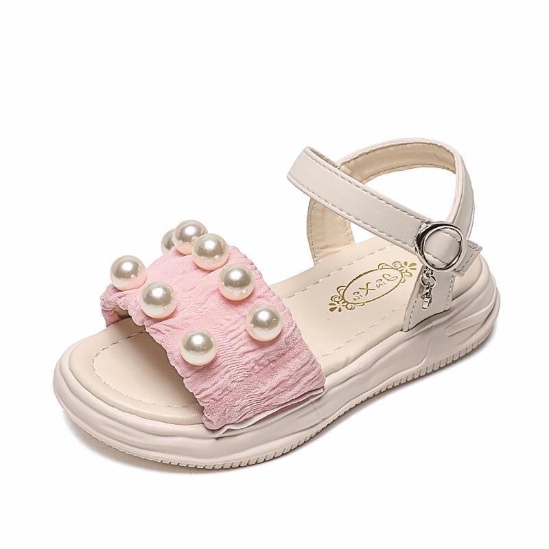 Girls Thick Soled Sandals Kids Summer Pearl Shoes Elegant Party Princess Open-toe Flats Casual Fashion Children's Beach Sandals