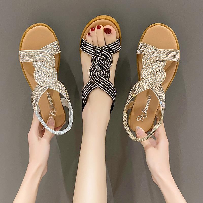 Women Fashion Sandals 2024 New Round Toe High Heels Slippers Beach Soft Sole Shoes Trend Diamond Decoration Slip-on Ladies Shoes