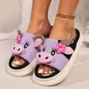 Fashion Kawaii Cartoon Cow House Slippers for Women Summer Fashion Linen Platform Slippers Woman Thick Sole Non Slip Bedroom Slides 2025