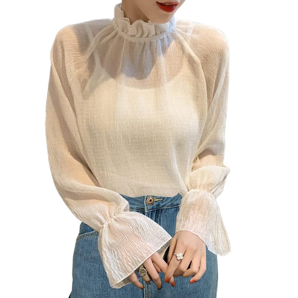 DAYCLOSET Long Sleeve Sheer Blouse with Ruffles and High Lightweight and Loose Perfect for Spring and Autumn Women's See-Through Neck, Sheer, Fit,
