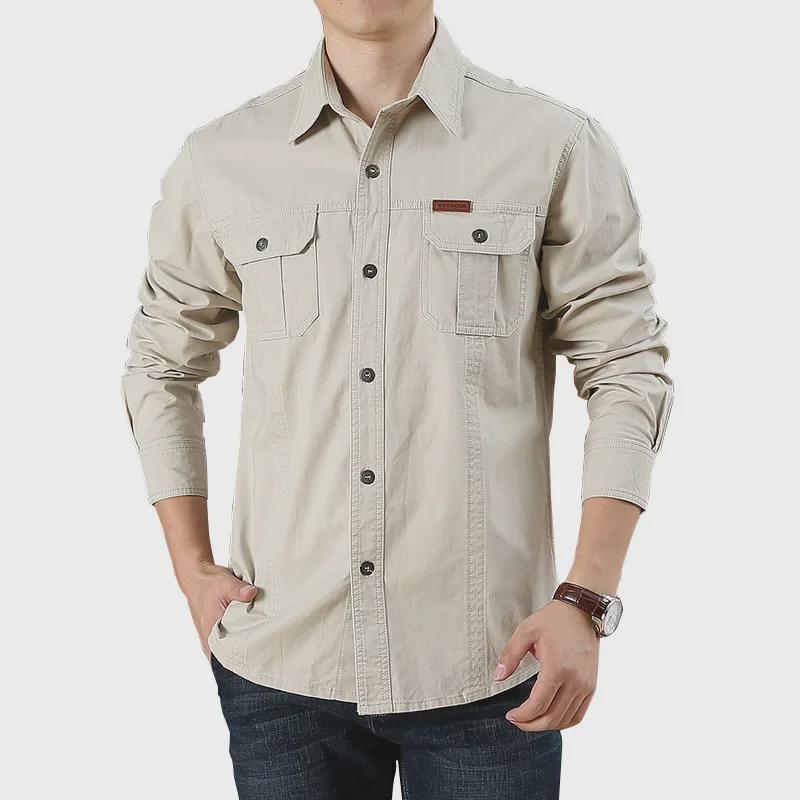 Men's Casual Loose-Fit Long-Sleeve Shirt - Solid Color, Large Size, Autumn Workwear with Pocket