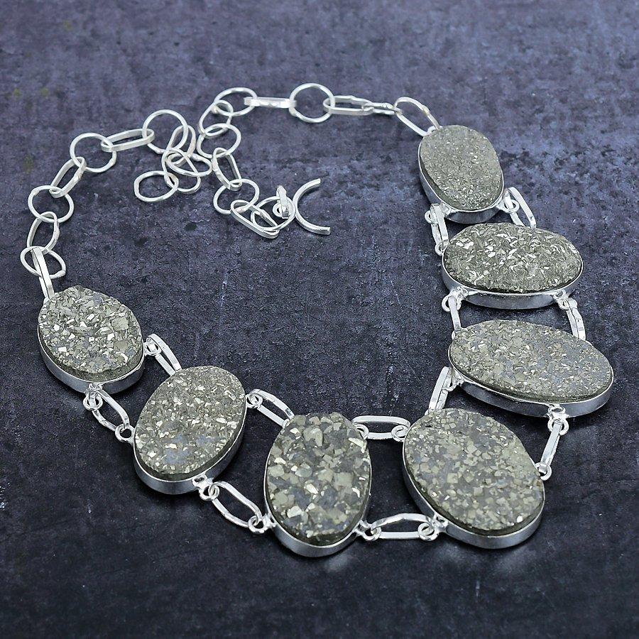 Natural Pyrite Druzy Gemstone 925 Sterling Silver Jewelry Necklace 18" P9f23