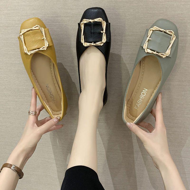 Spring Women's Flat Sole Single Shoe with Front Buckle Flat Heel Round Head Breathable and Versatile Black Fairy Soft Sole Bean Shoes