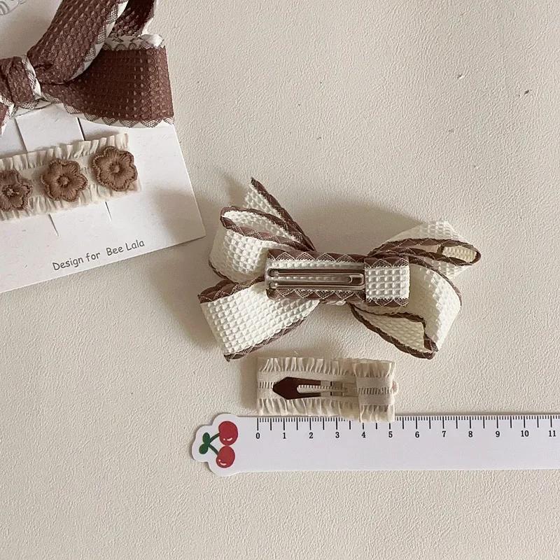 Autumn Winter Cute Kids Girl Hair Clip Retro Princess Beige Coffee Color Bow Floral Hair Pin Little Girl Hair Styling Headwear