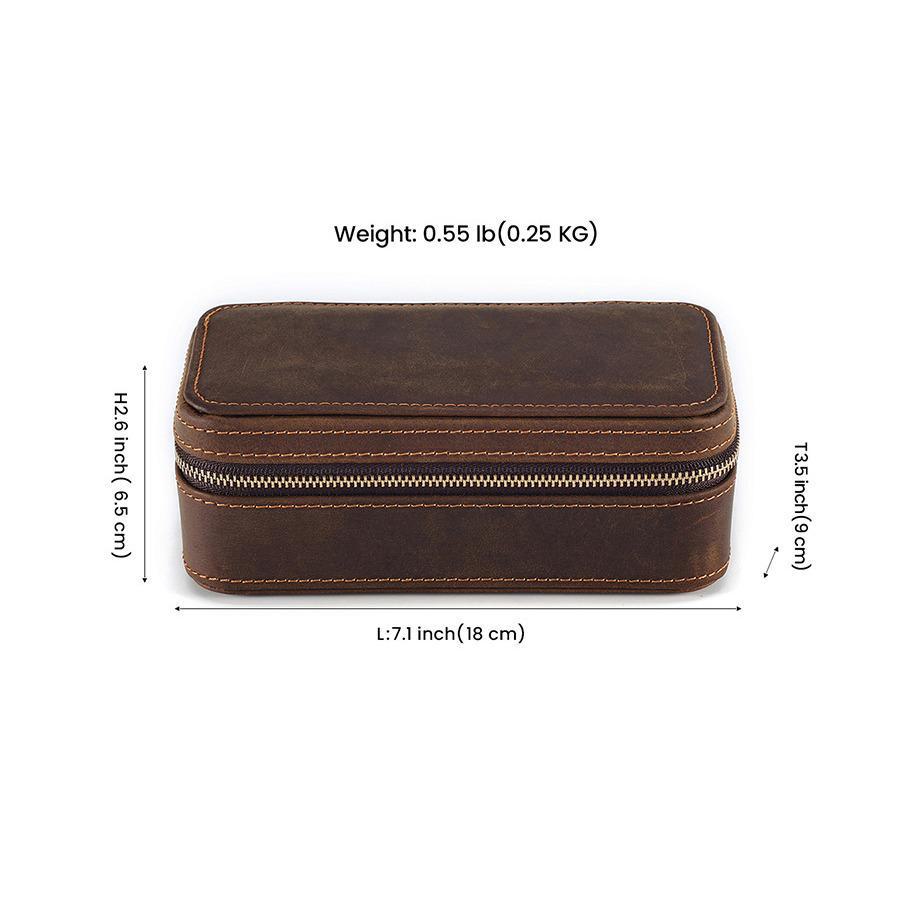 Vintage Crazy Horse Leather Travel Watch Box - Genuine Leather Zippered Storage for Single Watch