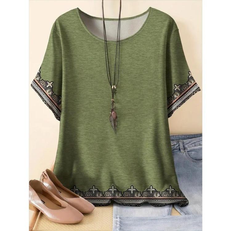 Plus Size Women Casual Comfortable Top Relaxed Fit Short Sleeve Floral Print Vibrant Pattern T-Shirt Spring Summer Outings