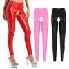 Womens High Shine Patent Leather Crotchless Leggings Elastic Waist Comfort Fit Long Pants