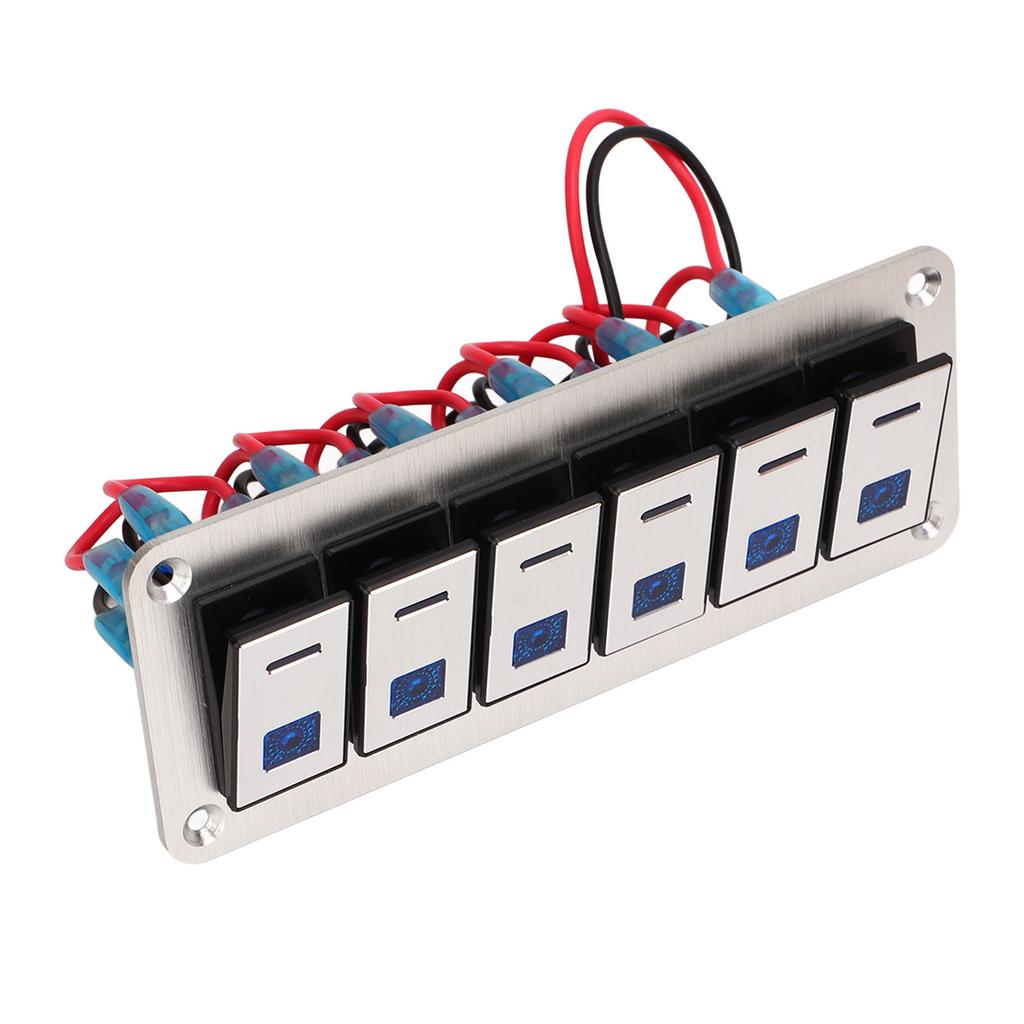 6 Gang Rocker Switch Panel 12V 24V Blue LED Waterproof SPST On Off Pre Wired Switch for Car Boat