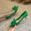 Fashion Green Bowknot Pumps Women Slip-On Soft Pu Leather High Heels Shoes Woman Sexy Pointed Toe Thin Heeled Party Ladies Shoes