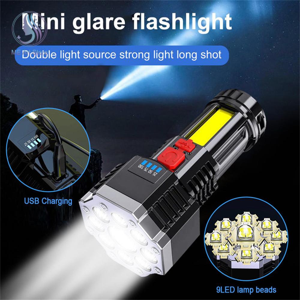 9 LED Super Bright Flashlight Rechargeable Outdoor Multi-function Waterproof LED Long-range Spotlight Battery Display COB Light
