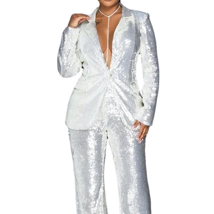 Elegant Slimming Sequin Suit: Women's Top & Long Pants Set for Commute