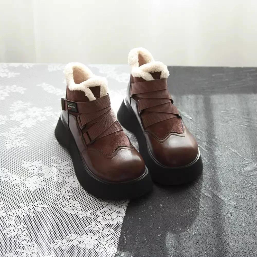 2024 Winter Women Ankle Boots PU Thick Sole Plush Warm Winter Woman Shoes Flats Lace Up LadiesLolita Shoes Outdoor Daily Commute
