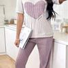 "Women's Autumn Sweet Love Pajama Set: Round Neck, Short Sleeve & Trousers - Comfy 2-Piece Homewear"