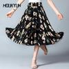 Summer Mid-length Floral Skirts Elastic Waist Women Loose Casual Ice Silk Chiffon Beach Dress Female Faldas