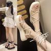 2024 New Thick Sole Korean Roman Sandals Women's Summer Slope Heel Wrapped Strap Instagram Street Sandals