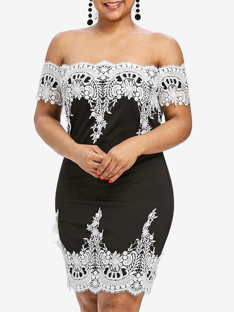 Rosegal Plus Size Floral Lace Applique Off The Shoulder Bodycon Dress