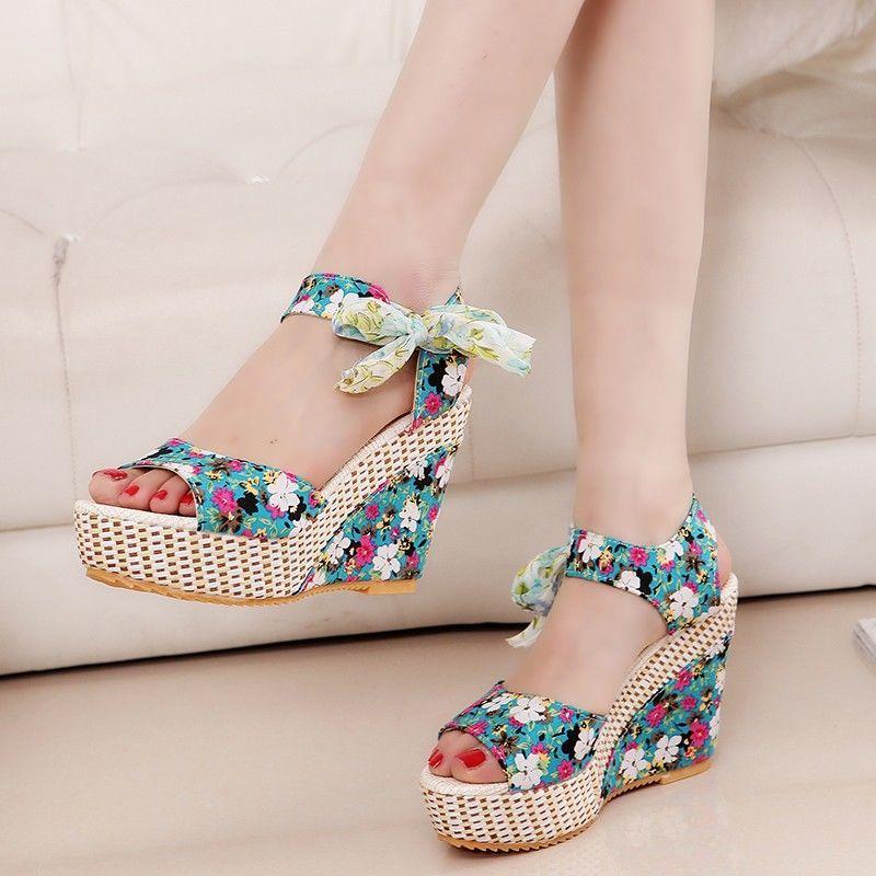 Sandals for Women Wedges Heel Bow Super-high Print Woman Shoes Korea On Offer Sandal Sales 2025 Luxury The Best Wholesale Shoe
