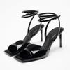TRAF Womans Black Leather High Heel Sandals Sexy Pointed Toe Slingback Metal Buckle Pumps Sandals Summer Party High Heel Sandals
