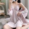 Women's Long Sleeve Ice Silk Nightgown & Lace Robe Set with Chest Pad - High-End Casual Sleepwear 2025.