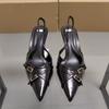 TRAF Womans Black Leather High Heel Sandals Sexy Pointed Toe Slingback Metal Buckle Pumps Sandals Summer Party High Heel Sandals