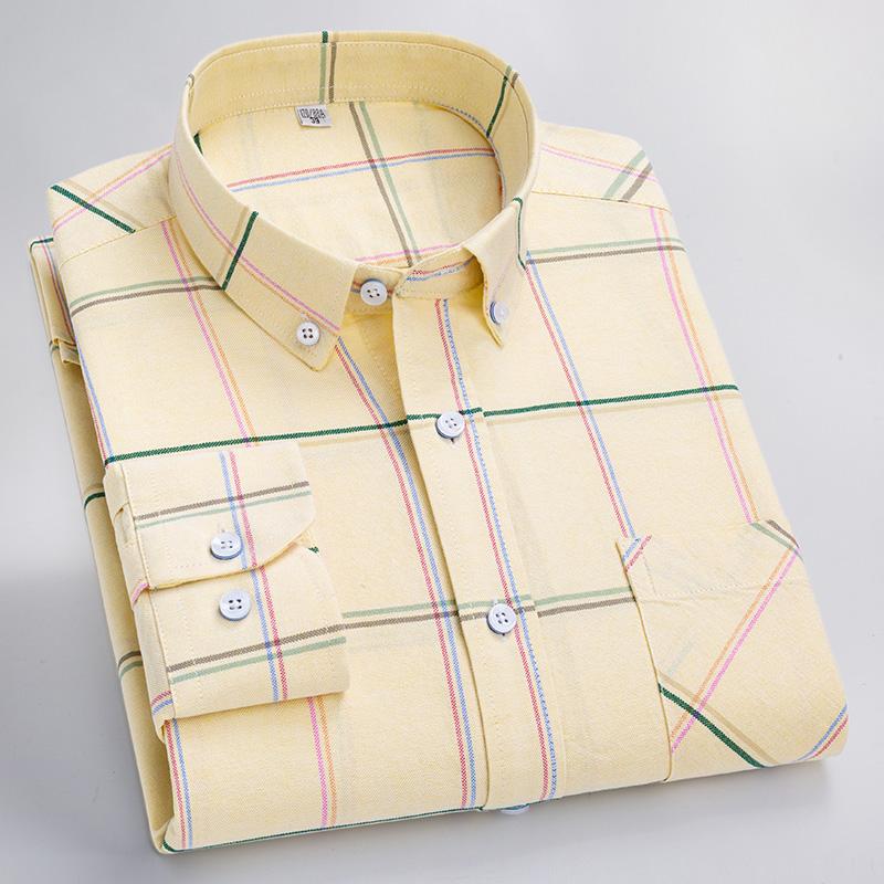 New Men's Plaid Shirts Long Sleeve Casual Office Pure Cotton Oxford Easy Care Fashion Youngster