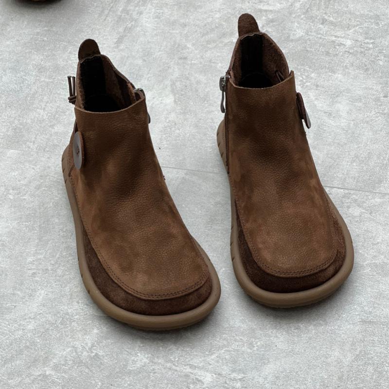 Johnature Retro Women Flat Short Boots Genuine Leather Shoes Handmade Round Toe Solid Color Ankle Boots
