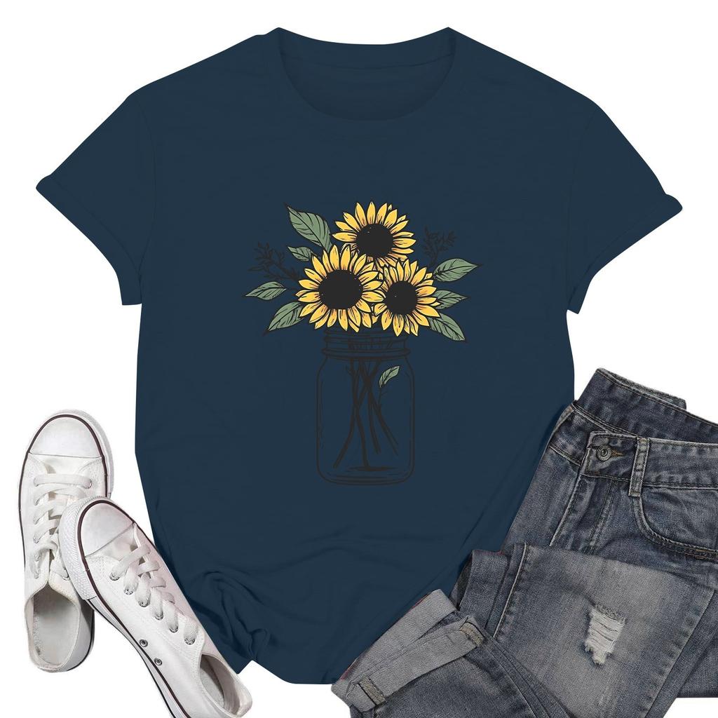 Women's Fashion Casual Printed Short Sleeve Round Neck Pullover Tops