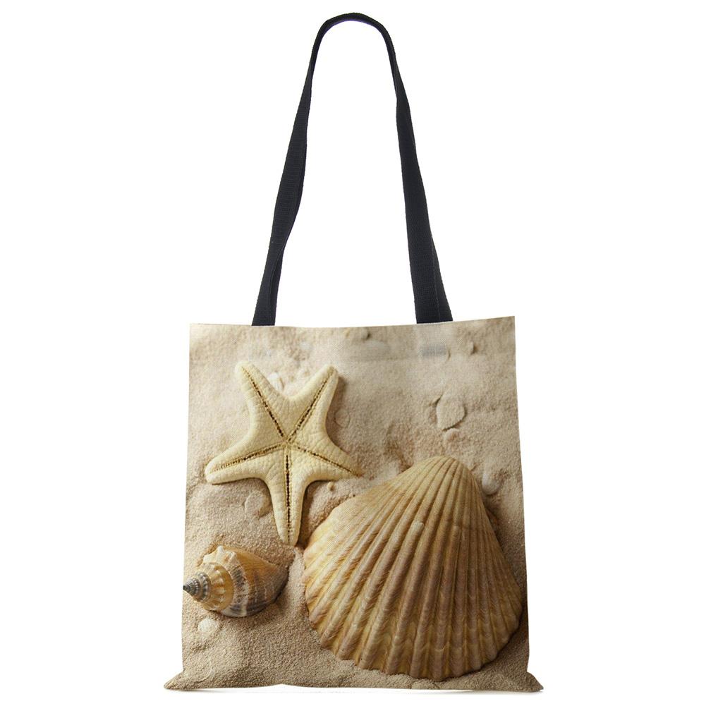 Ladies Shoulder Bag Blue Ocean Starfish Beach Sand Prints Tote Bag Linen Fabric Beautiful Casual Practical Handbag