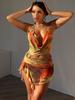 Bandage Halter Sexy Y2K Print Cut Out Party Club Mini Ruffles Dress Women Summer Tie Dye Backless Split Evening Dresses Outfits