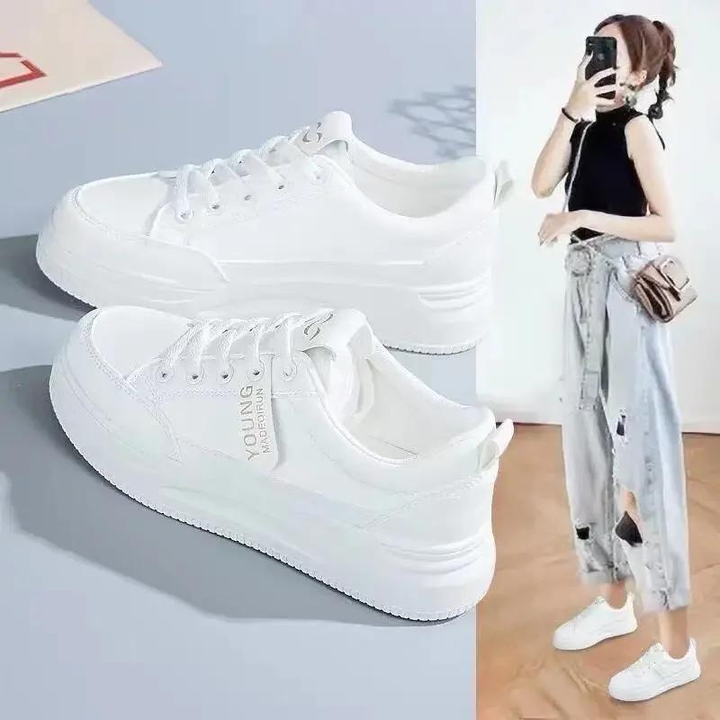 Fashion 2024 Women's Vulcanize Shoes Lace-up White Sneakers Fashion Running Comfortable Casual Female