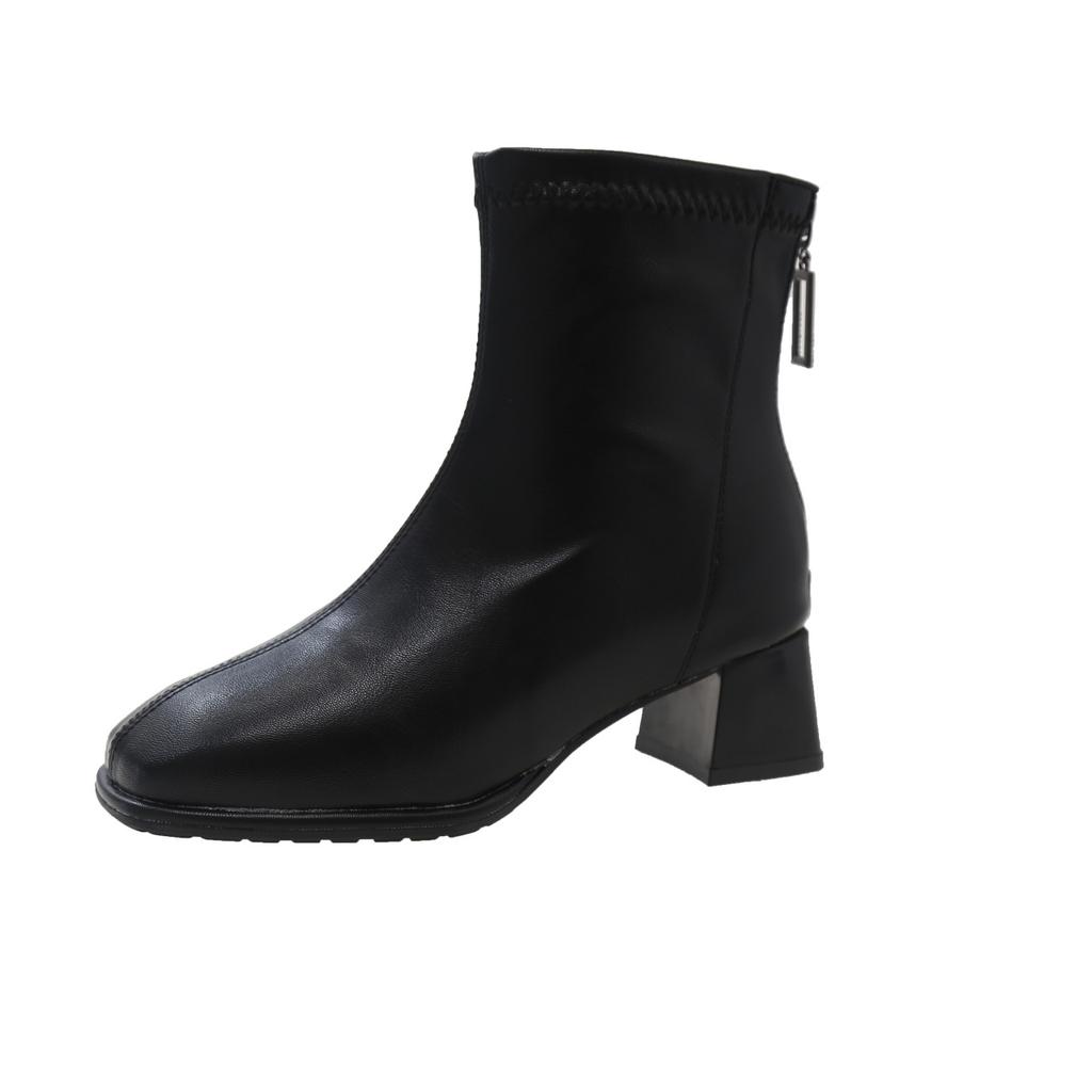 2025 Autumn and Winter New Korean Version Velvet Martin Boots Women's Head Thick Heel Short Boots Versatile Rear Zipper Elastic Thin Boots