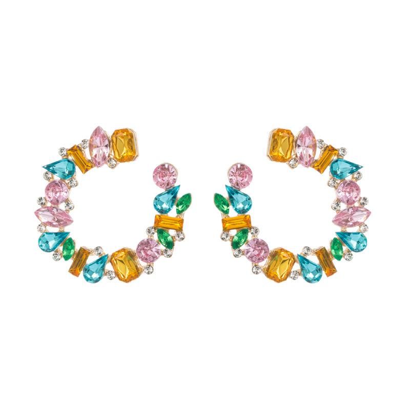 Women's Hoop Earrings Exaggerate Temperament Gold Plated Colored Crystal C Shaped Series Simple Premium Earrings