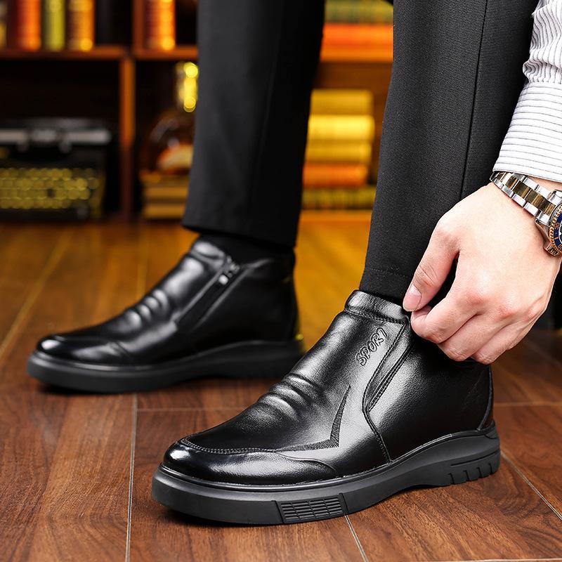 Winter New Cotton Shoes Men's Leather High-top Warm Velvet Cotton Leather Shoes Thickened Wool Non-slip Middle-aged and Elderly Father Shoes