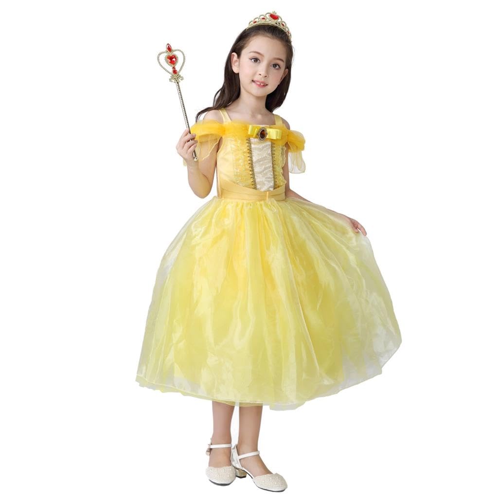 Toddler Girls Belle Cosplay Princess Costume Children Skirt Beauty and the Beast Dress Halloween Costume Yellow Size Years 130 [Dressy Daisy] 8-9
