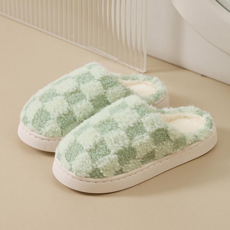 Couple Cotton Slippers Thick-bottomed Plaid Autumn and Winter Cute Flat-bottomed Slippers Winter Velvet Confinement Warm Cotton Shoes Women